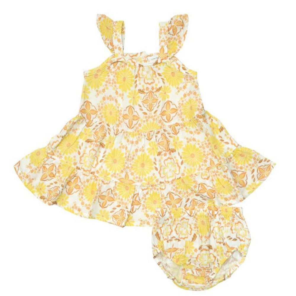 Angel Dear Organic Twirly Sundress & Diaper Cover Golden Surf Floral + Bow NWT